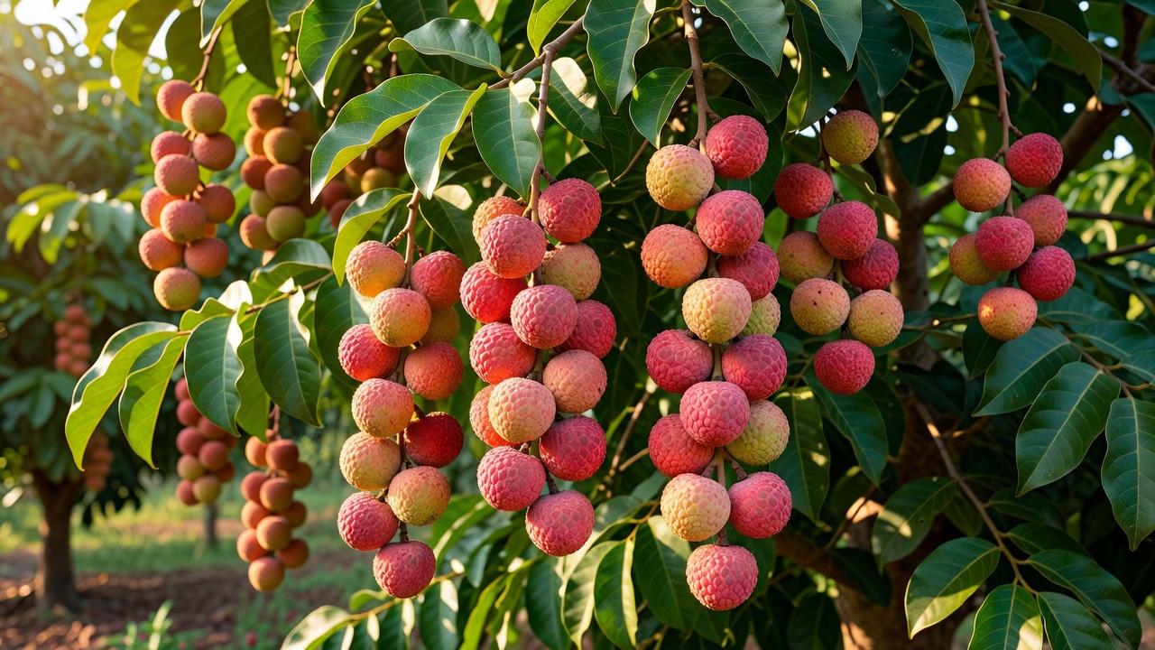 Clusters of ripening lychee fruit hanging among green leaves before harvest