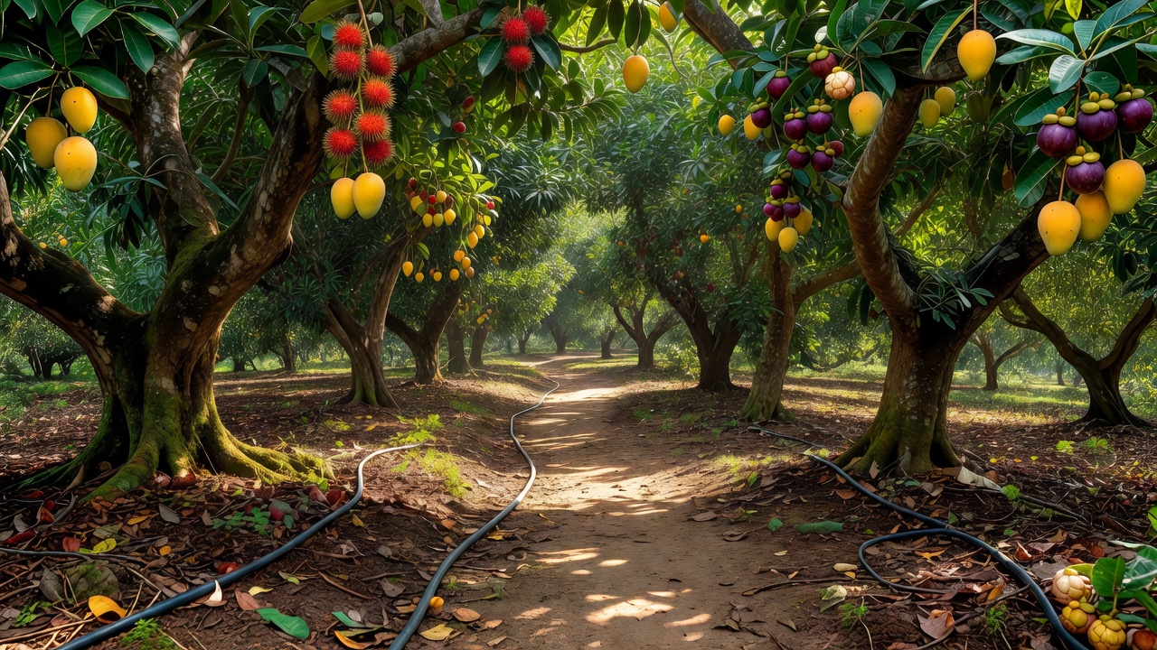 An access path and irrigation line beneath mature trees in a Thai fruit orchard